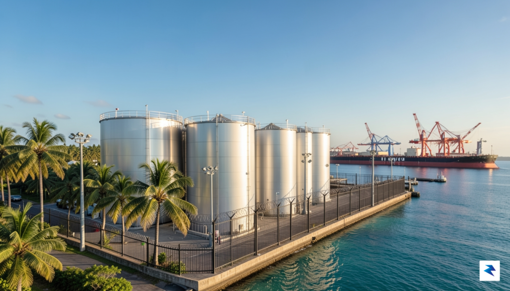 A modern, high-tech industrial oil storage facility located on a…