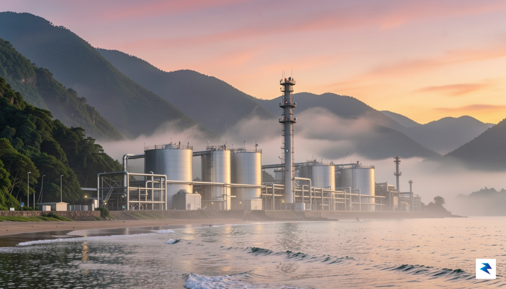 A modern, high-tech industrial oil storage facility located on a…