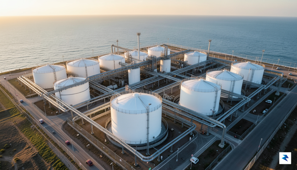 A wide-angle aerial shot of a massive industrial oil storage…