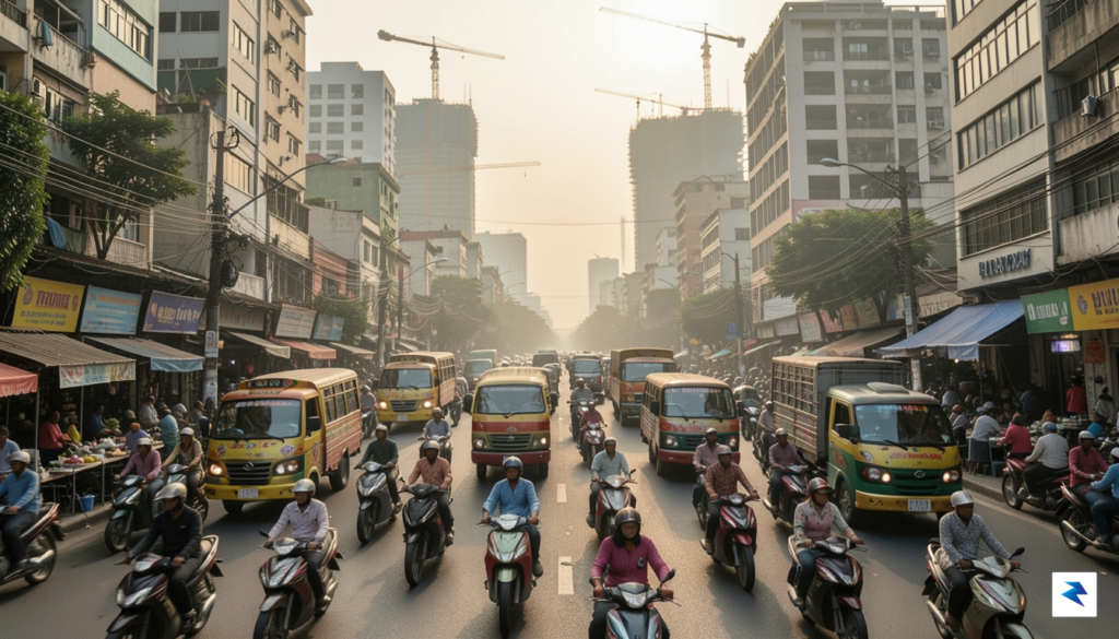 A bustling, congested street in a rapidly developing Southeast Asian…