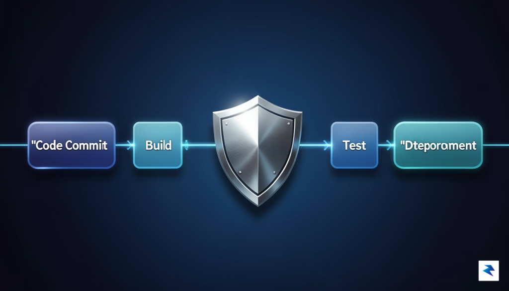 A digital illustration showing a continuous integration pipeline with a…