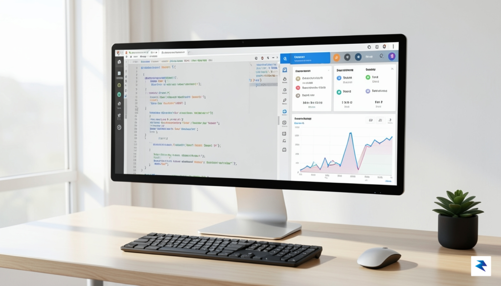 A clean, modern workspace showing a split-screen monitor displaying code…