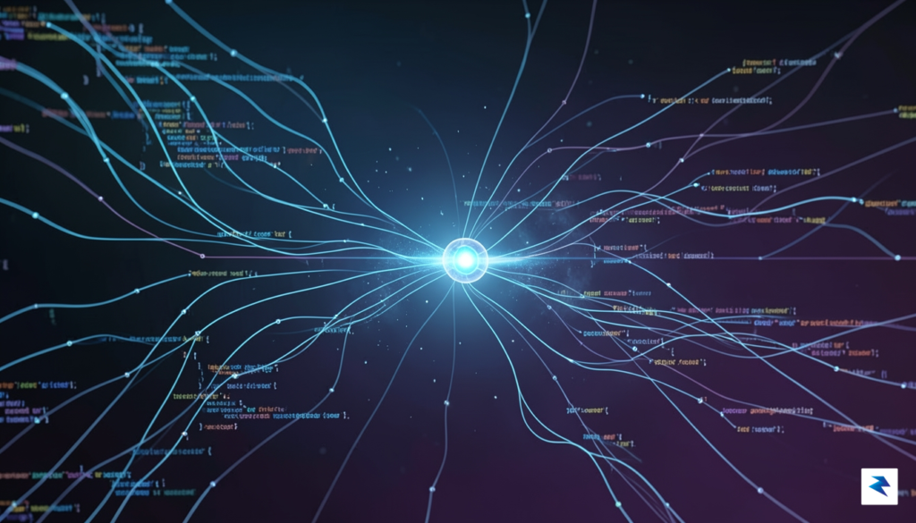 A conceptual digital visualization showing a network of interconnected code…