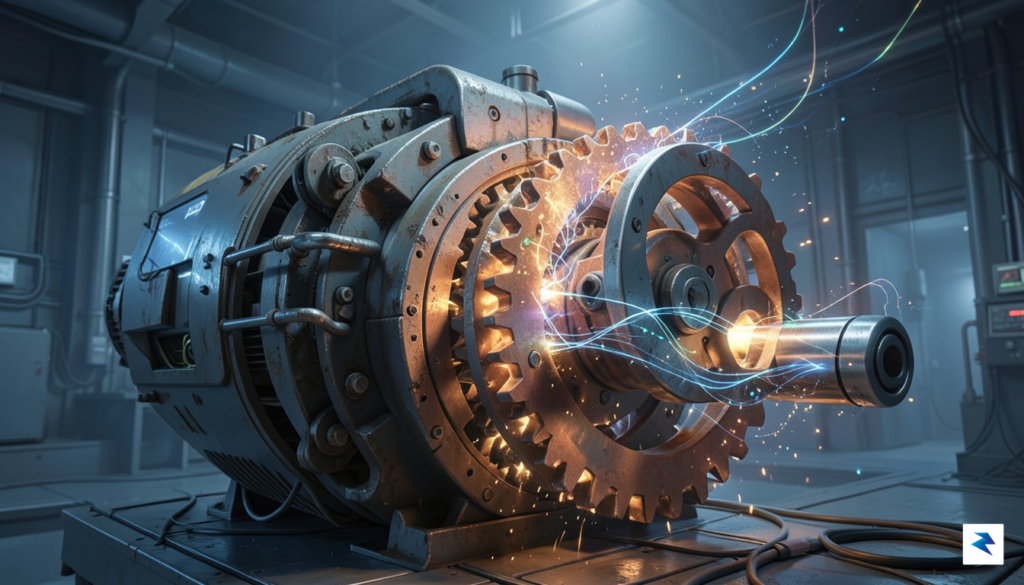 A conceptual digital illustration showing a complex machine being upgraded…