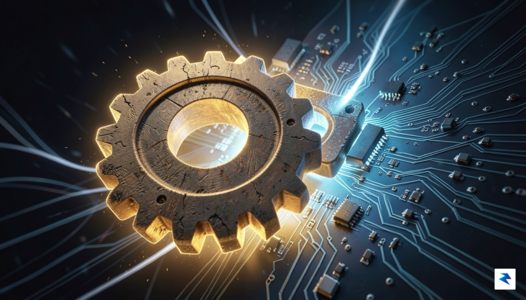 A conceptual digital illustration showing a glowing, robust Rust gear…