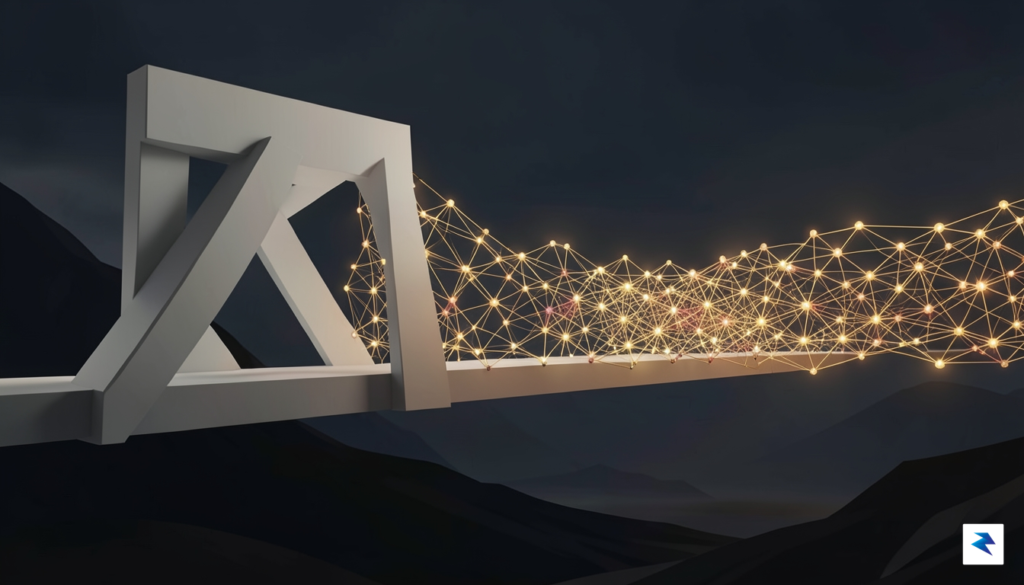 A digital conceptual illustration showing a bridge transitioning from a…