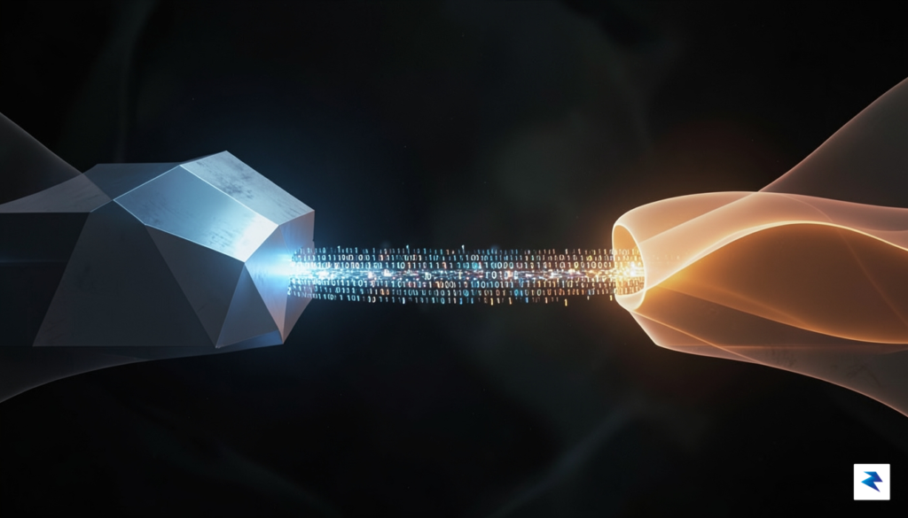 A conceptual digital art piece showing a bridge between two…