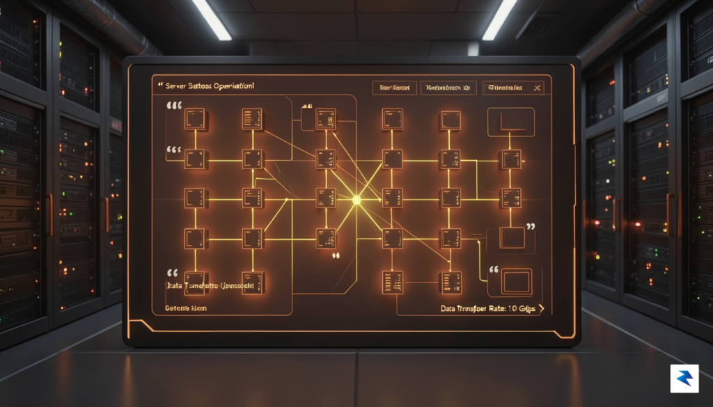 A modern, futuristic data center interface glowing with Rust-colored orange…