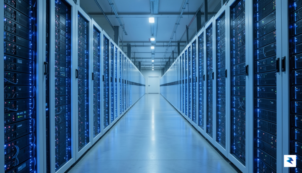 A wide-angle cinematic shot of a massive, illuminated modern data&hellip;