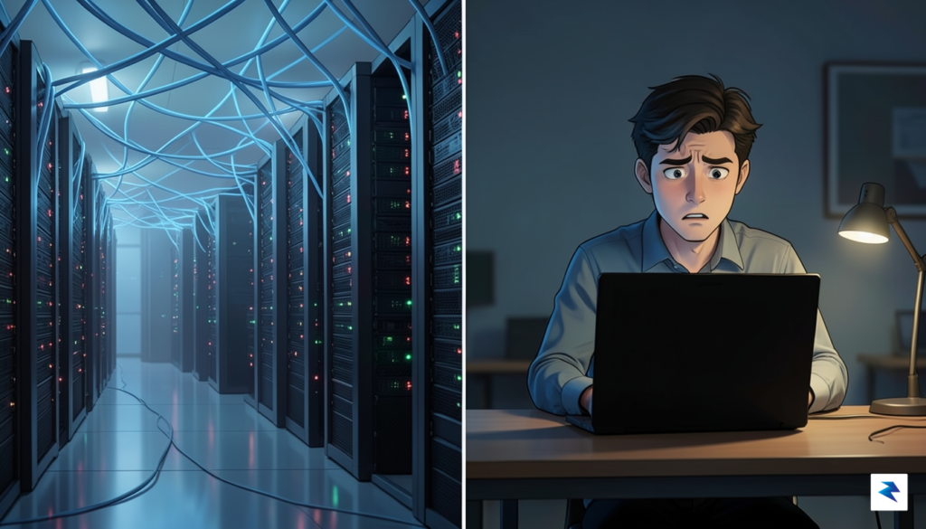 A split-screen digital illustration showing a glowing, high-tech server farm&hellip;