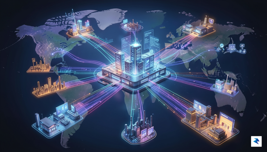 A wide-angle digital illustration showing a futuristic, interconnected global financial&hellip;