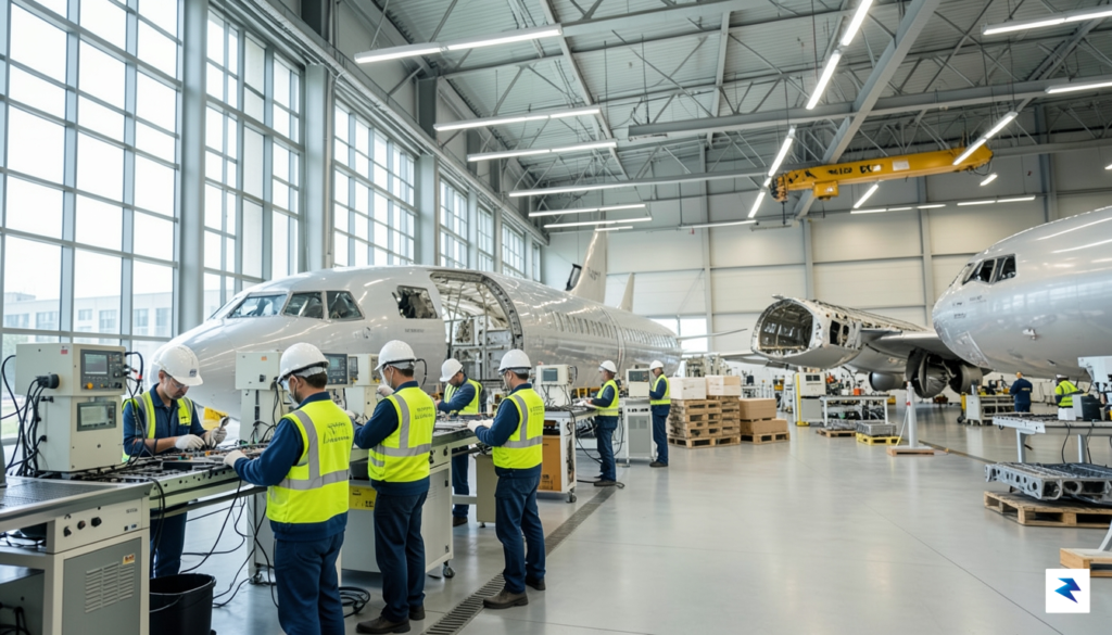 A wide-angle shot of a Boeing assembly line featuring clean,&hellip;