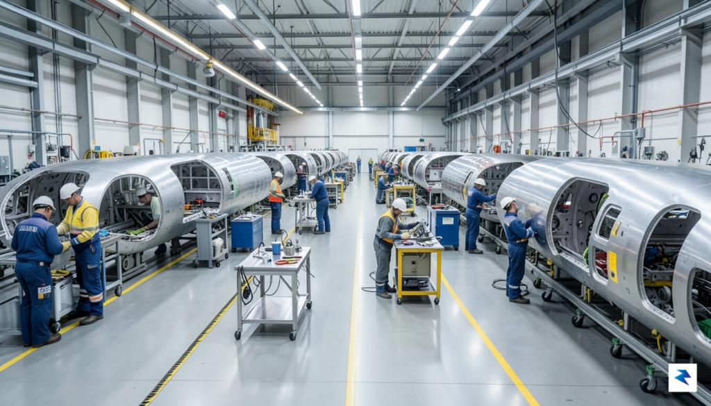 A wide-angle shot of a busy aerospace manufacturing assembly line&hellip;