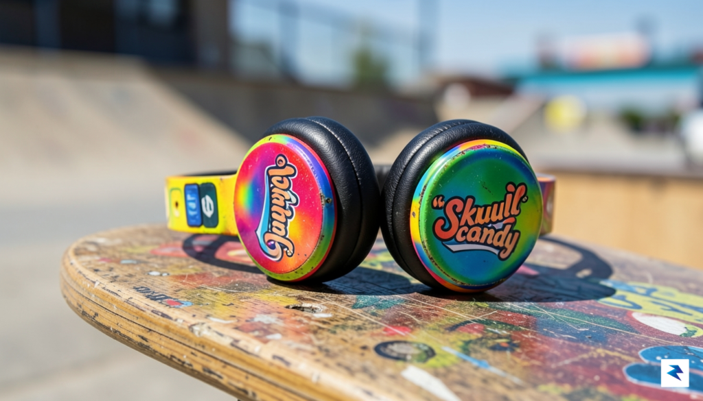 A close-up, high-contrast photograph of a vintage, colorful Skullcandy headphone&hellip;