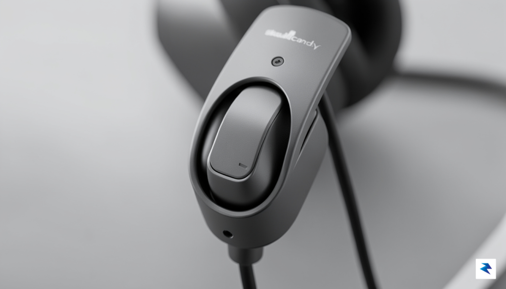 A sleek, minimalist close-up shot of a high-end Skullcandy headphone&hellip;