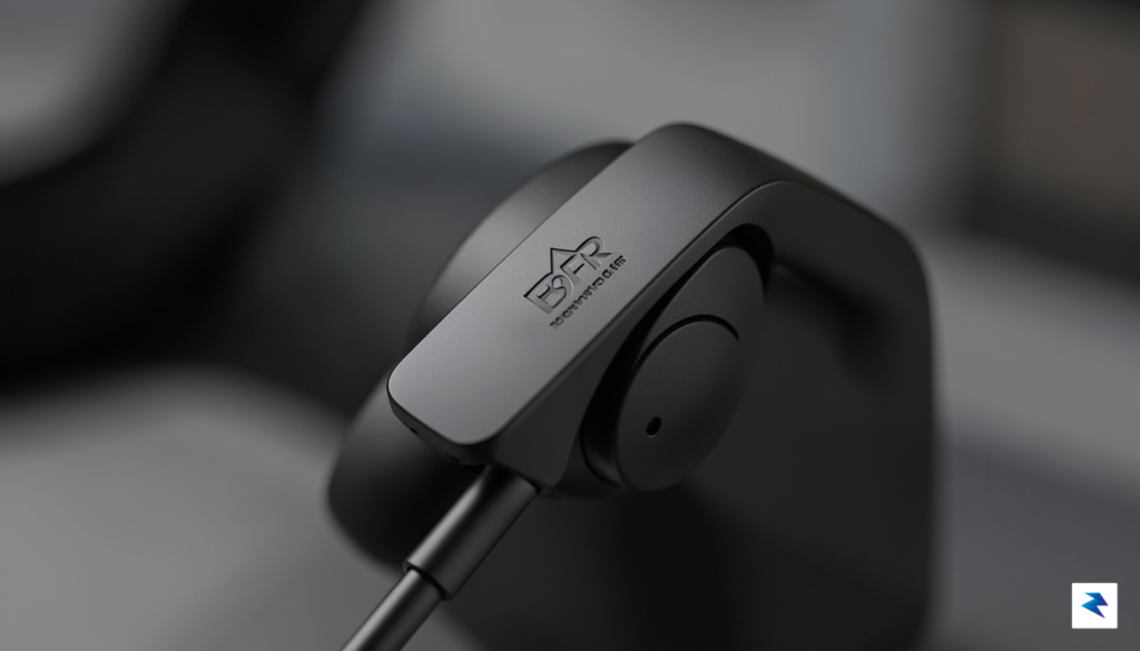 A close-up, high-definition photograph of a sleek, modern headphone hinge&hellip;