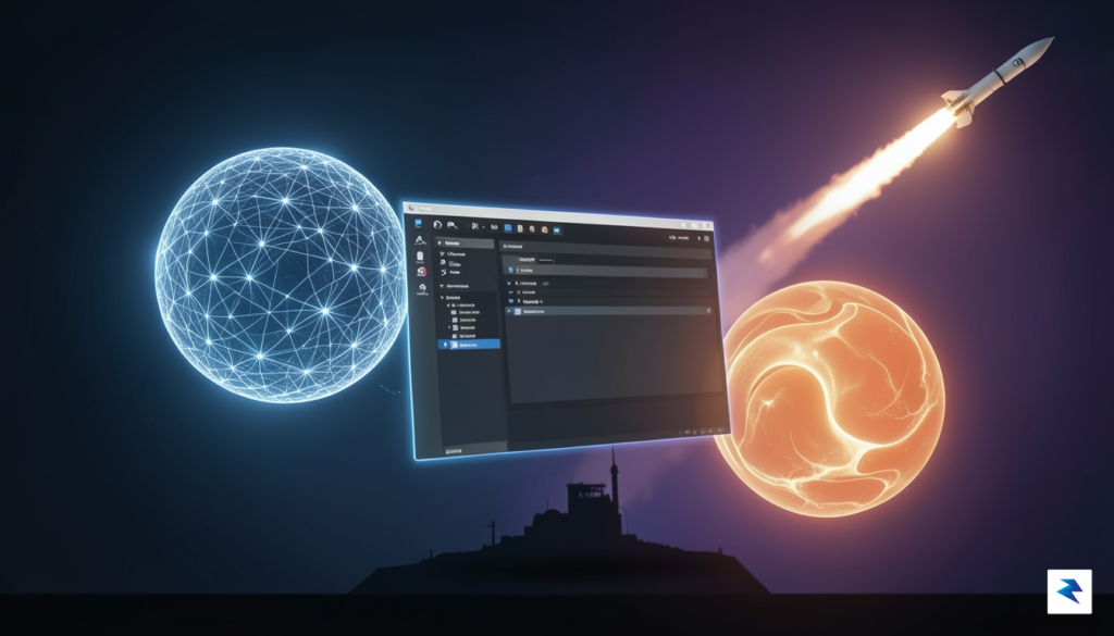 A conceptual digital illustration showing a futuristic, minimalist IDE interface&hellip;