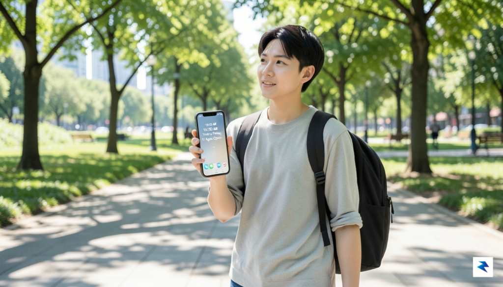A person walking outdoors with their smartphone, which displays a&hellip;