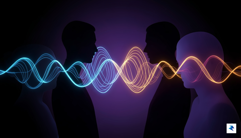 A conceptual digital art piece showing stylized sound waves intertwining&hellip;