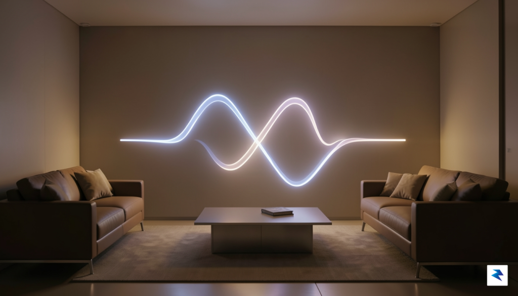 A modern, minimalist aesthetic showing two glowing, abstract sound waves&hellip;