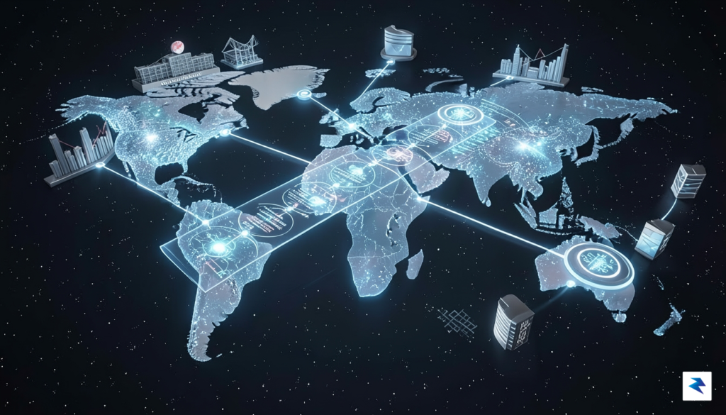 A modern, high-tech digital graphic showing a glowing blockchain ledger…