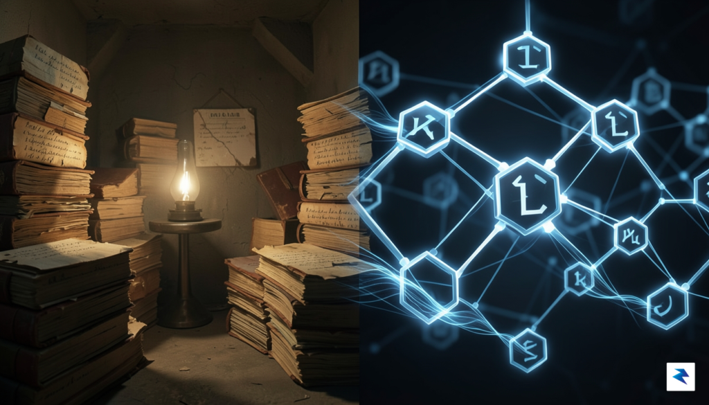 A conceptual digital illustration showing a transition from dusty, paper-based…