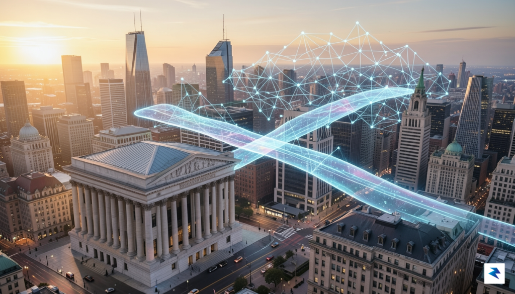 A conceptual illustration of a digital bridge connecting a traditional…