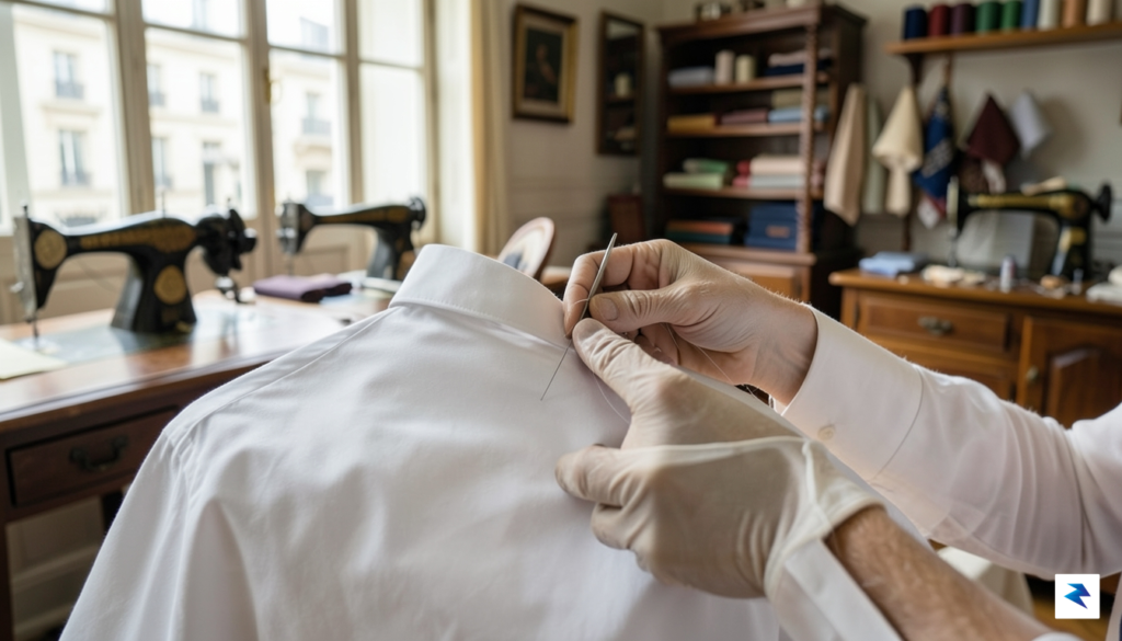 A close-up, high-resolution photograph of a craftsman’s hands meticulously stitching…