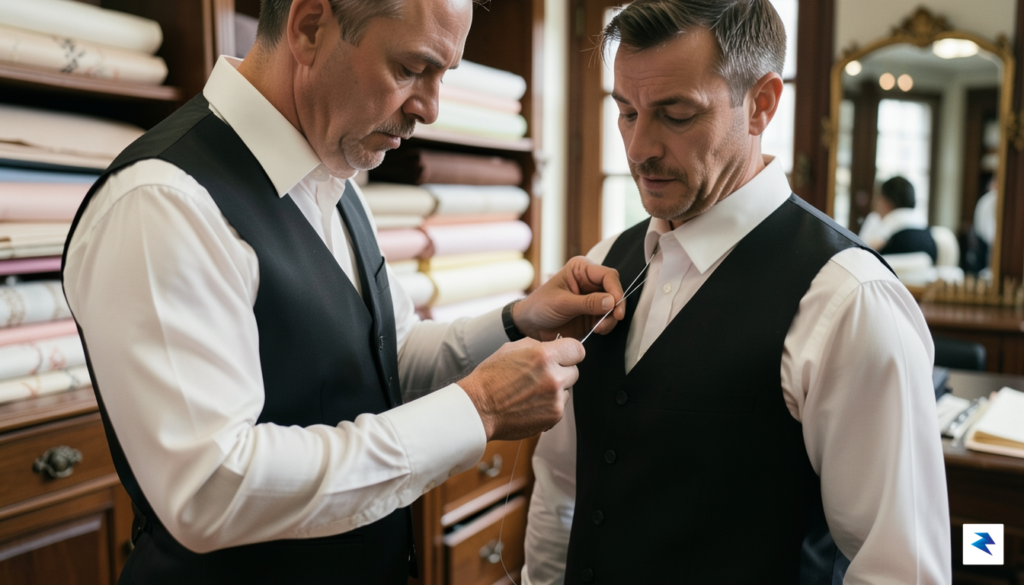 A high-resolution, cinematic shot of a master tailor at the…