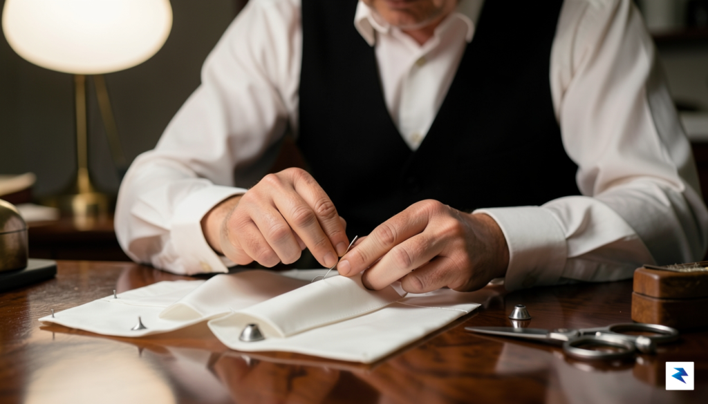 A high-end, close-up photograph of a master tailor at Charvet…