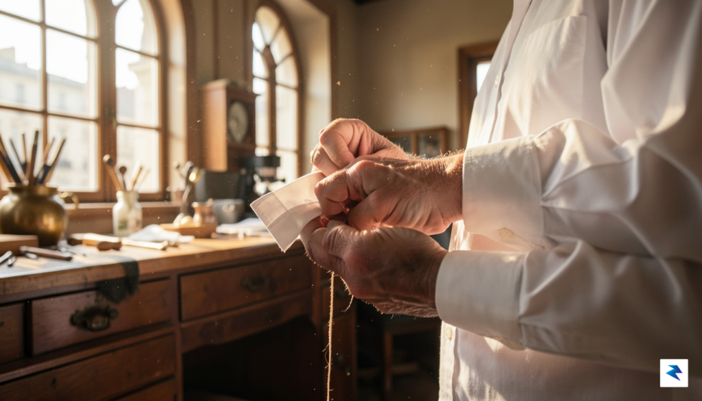 A close-up, high-resolution shot of a master artisan's hands meticulously…