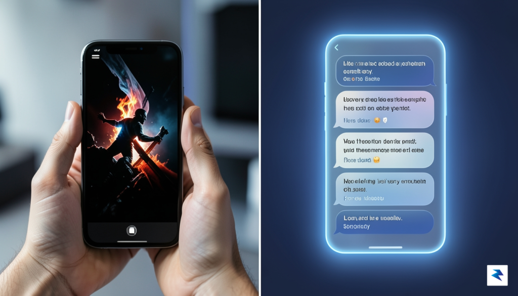 A vibrant, split-screen composition showing a person holding a smartphone…
