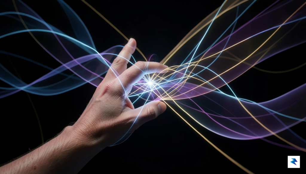A conceptual digital art piece showing a human hand reaching…
