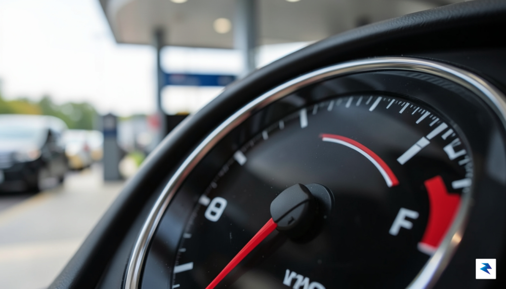A close-up photograph of a modern rental car fuel gauge…