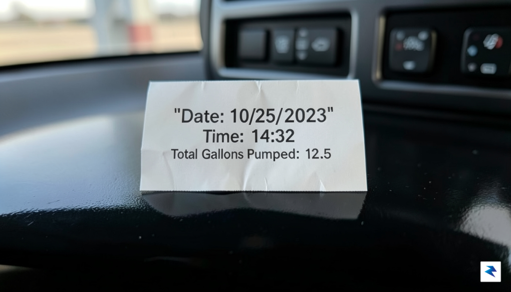 A close-up, high-resolution photo of a gas station receipt showing…