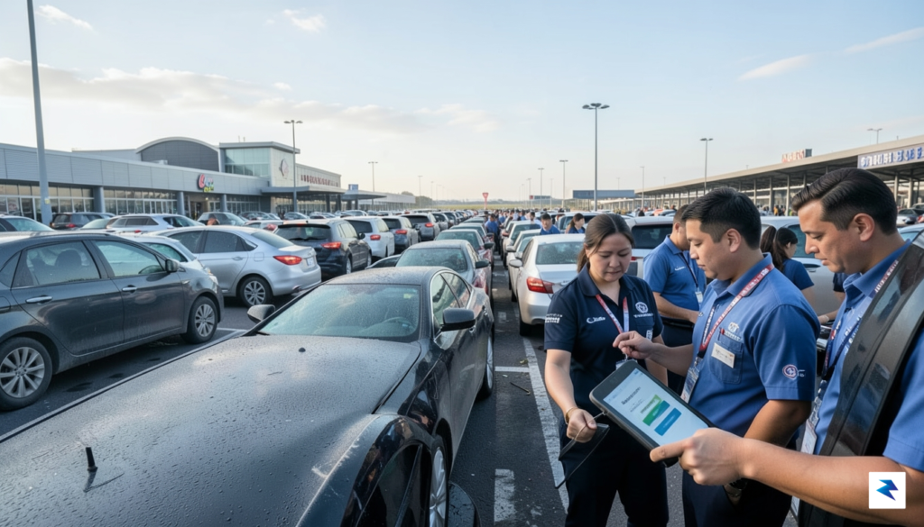 A wide-angle shot of a busy airport rental car return…