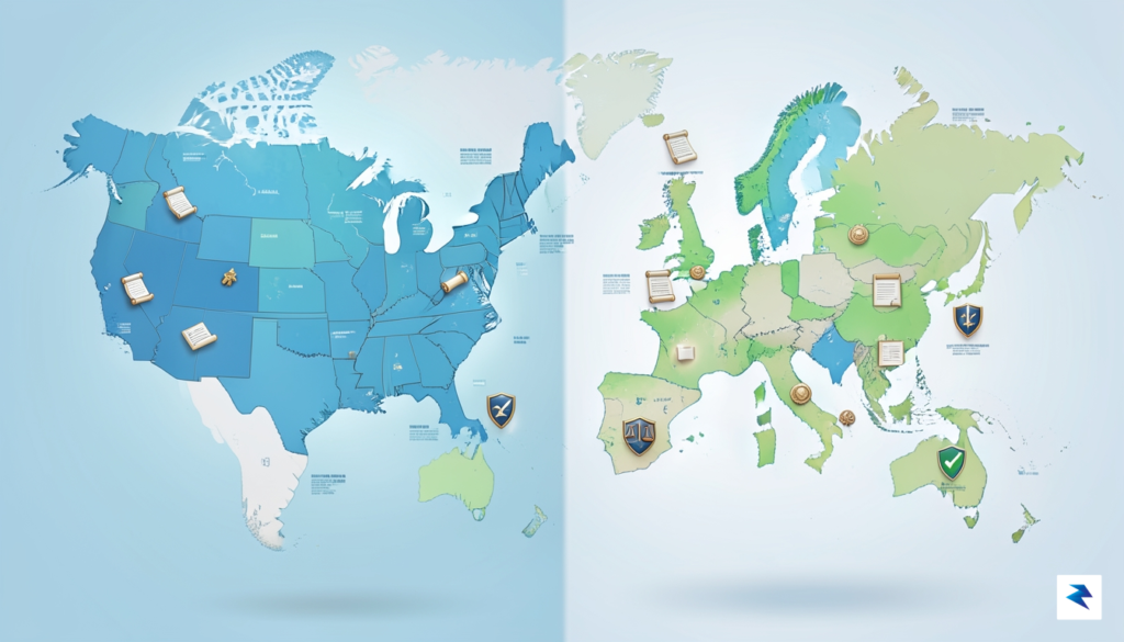 A digital illustration showing a split map of the world,…