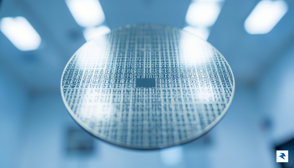 A close-up, high-tech macro shot of a silicon wafer reflecting&hellip;