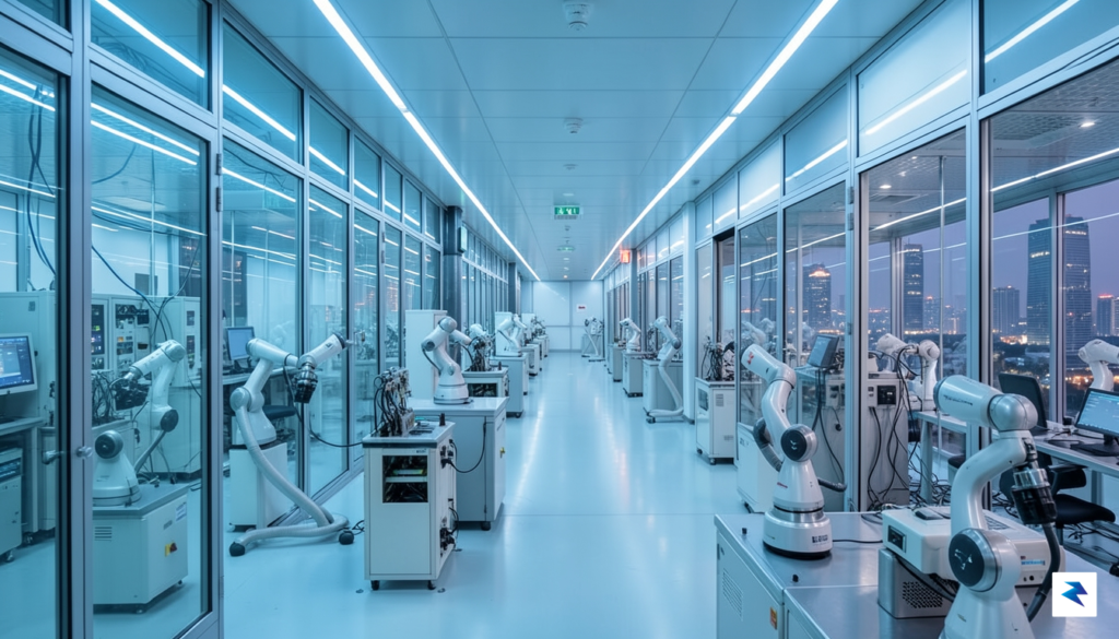 A modern, high-tech semiconductor manufacturing facility in Shanghai, illuminated with&hellip;