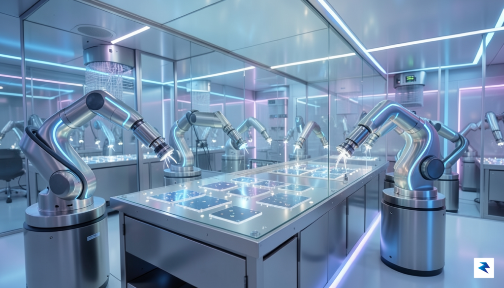 A sleek, high-tech cleanroom facility with robotic arms assembling microscopic&hellip;