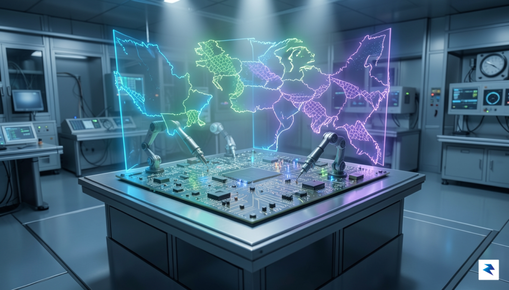 A conceptual digital illustration showing a complex circuit board being&hellip;
