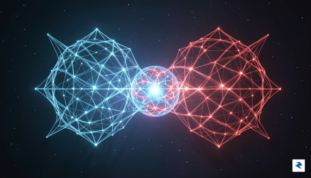 A sleek, futuristic digital visualization showing two high-tech abstract structures…