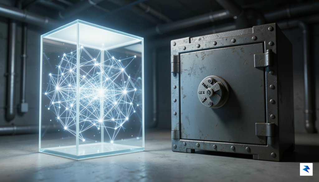 A conceptual digital illustration showing a glowing, transparent glass box…