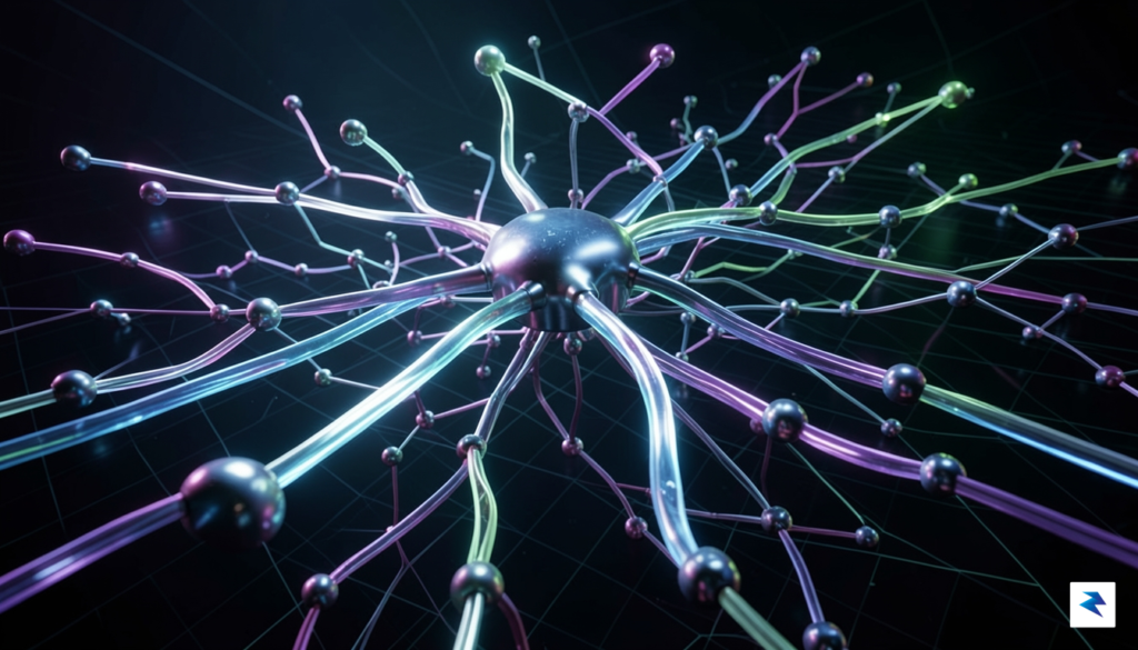 A sleek, futuristic digital visualization of a neural network with…