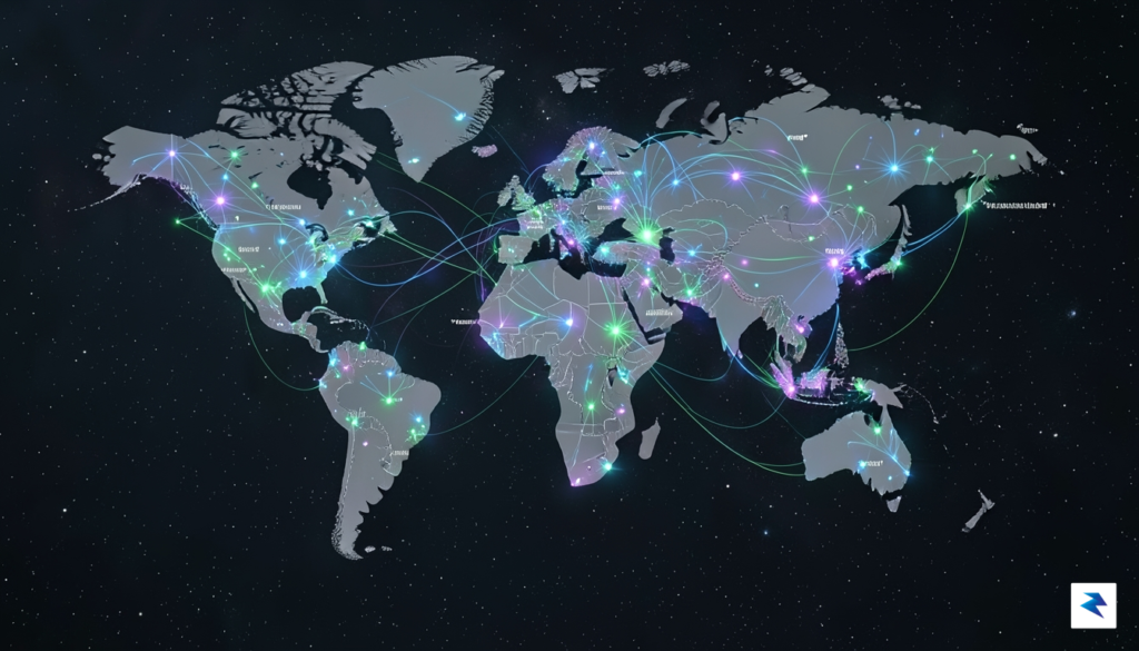 A digital map of the world showing glowing, interconnected nodes…