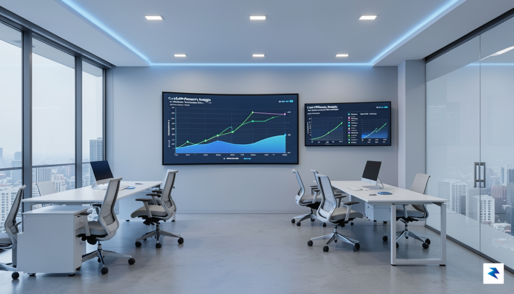 A sleek, professional office space with data visualization screens displaying…