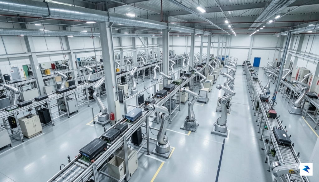 An aerial view of a state-of-the-art automated manufacturing plant in…