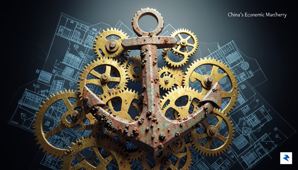 A conceptual digital illustration showing a complex network of golden…