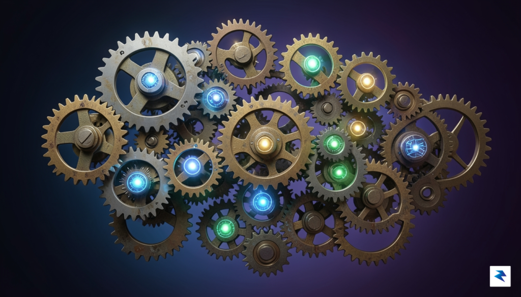 A conceptual digital illustration showing a complex gear mechanism representing…