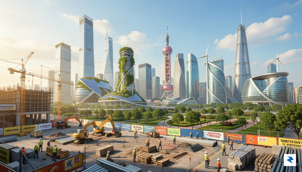A wide-angle digital illustration showing a modern, high-tech cityscape of…